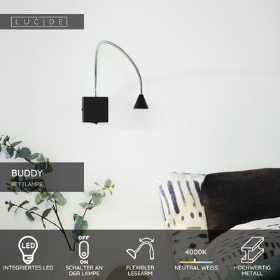 Lucide BUDDY - Bettlampe / Wandleuchte - LED - 1x4W 4000K - Schwarz